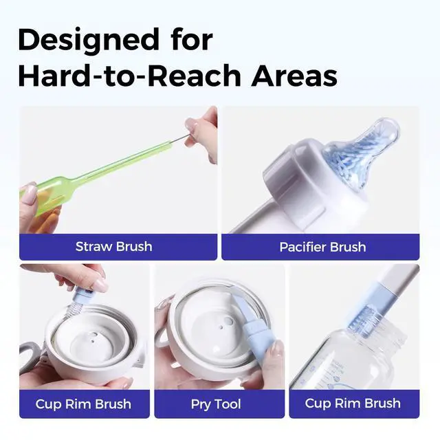 Alt view image 5 of 7 - Bottle Brush Set, 9-in-1 Bottle Cleaner Kit, Includes Bent Neck Bottle Brush, Nipple Cleaning Brush, Straw Brush, Soap Dispenser, Pry Tool, Storage Case & Drying Rack, Baby Travel Essentials