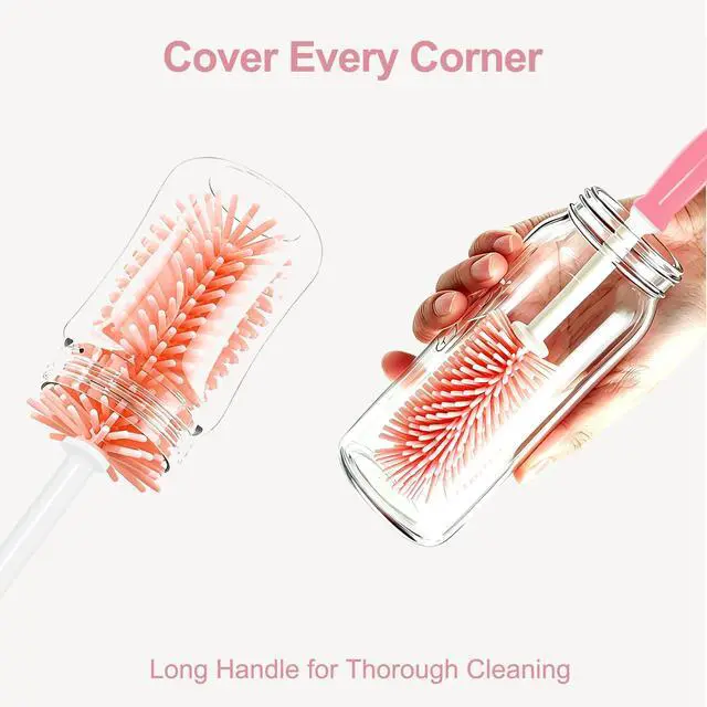 Alt view image 2 of 7 - Bottle Brush Set 3-in-1, Including Long Handle Silicone Bottle Brush, Detail Cleaner, Straw Brush, Non Scratch Cleaning Brushes for Water Bottles, Tumblers and Glass (Pink)