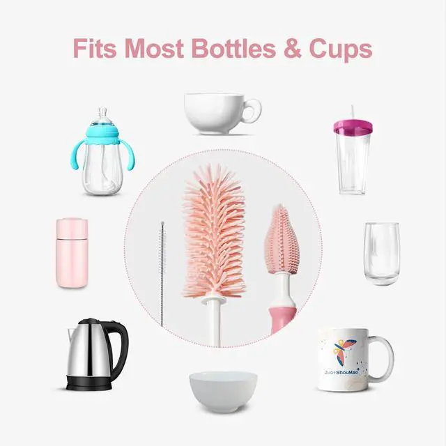 Alt view image 6 of 7 - Bottle Brush Set 3-in-1, Including Long Handle Silicone Bottle Brush, Detail Cleaner, Straw Brush, Non Scratch Cleaning Brushes for Water Bottles, Tumblers and Glass (Pink)