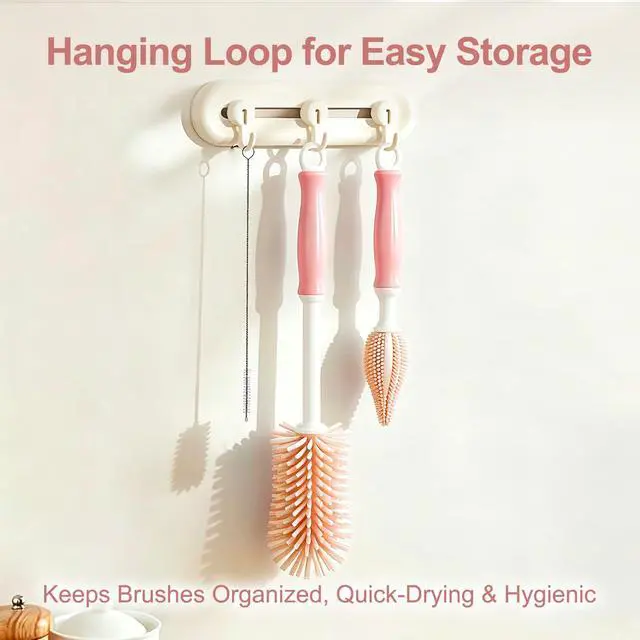 Alt view image 7 of 7 - Bottle Brush Set 3-in-1, Including Long Handle Silicone Bottle Brush, Detail Cleaner, Straw Brush, Non Scratch Cleaning Brushes for Water Bottles, Tumblers and Glass (Pink)