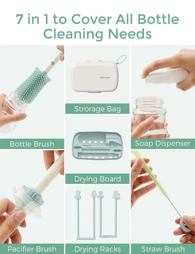 Alt view image 5 of 7 - 7-in-1 Baby Bottle Brush Set with Drying Rack, Green