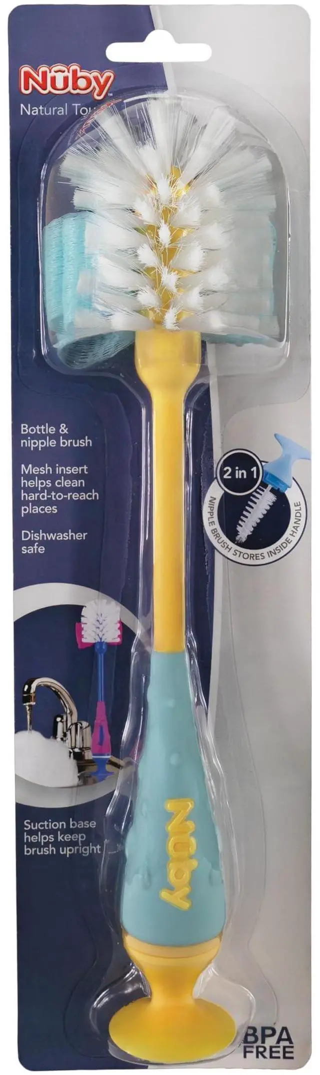 Main image of 2-in-1 Baby Bottle Brush with Stand - Soft Nylon Bristles - Dishwasher Safe - Bottle and Nipple Cleaning Tool - Pink/Purple
