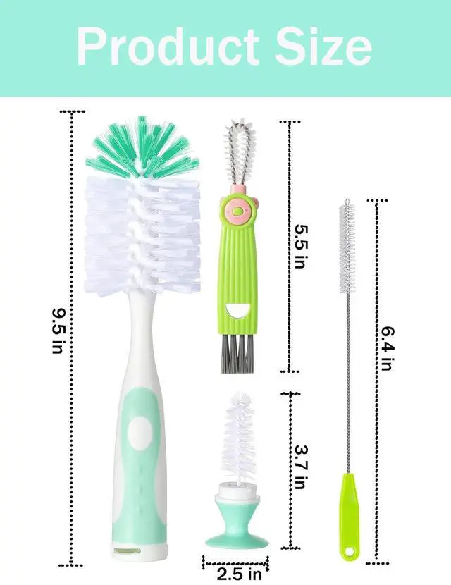 Alt view image 3 of 7 - Baby Bottle Brush Set 4 in 1, Baby Bottle Cleaner, with 1P Nylon Bottle Brush, 1P Bottle Cap Brushes, 2P Straw Brushes, Bottle Brush with Nipple Cleaner and Suction Cup, BPA-Free(Green)