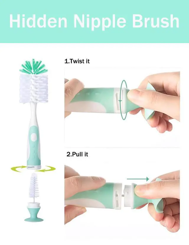 Alt view image 4 of 7 - Baby Bottle Brush Set 4 in 1, Baby Bottle Cleaner, with 1P Nylon Bottle Brush, 1P Bottle Cap Brushes, 2P Straw Brushes, Bottle Brush with Nipple Cleaner and Suction Cup, BPA-Free(Green)