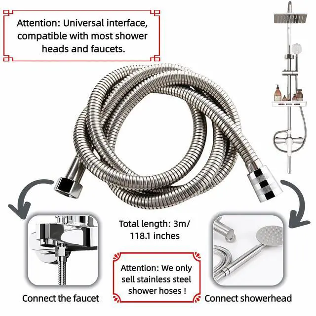 Alt view image 4 of 7 - 118" Extra Long Shower Hose, 304 Stainless Steel, Leak-Proof & Tangle-Free, Easy Install, Fits Most Showers, Chrome (118.0, Inches)