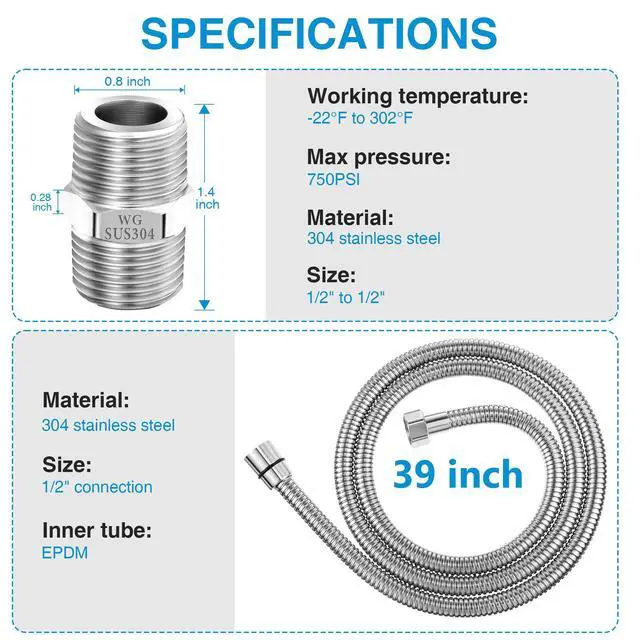 Alt view image 2 of 7 - 1 Pack 39 Inch Shower Hose with Shower Extension Connector