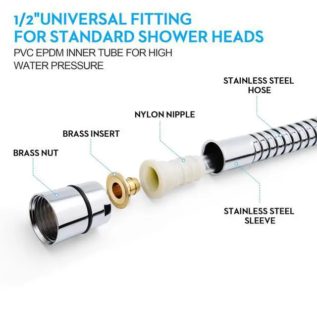 Alt view image 3 of 7 - Shower Hose, 79 Inches Extra Long Stainless Steel Handheld Shower Head Hose with Brass Insert and Nut - Durable and Flexible(Chrome)