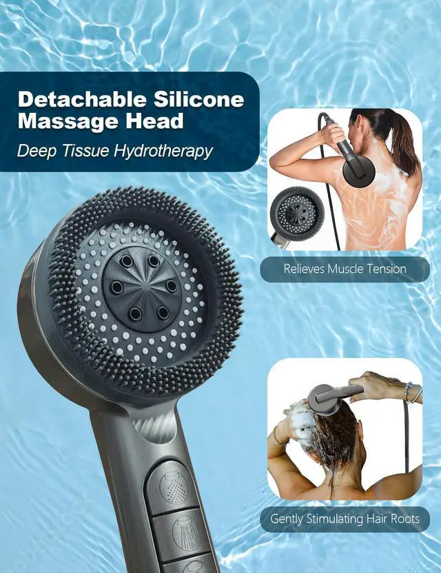 Alt view image 6 of 7 - High Pressure Shower Head, One-Hand Control 4-Mode Handheld Showerhead with Filter for Hard Water, Built-in Power Wash for Pet/Bath Clean, with Hose & Bracket (Gray)