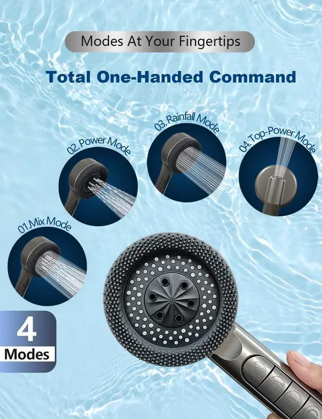 Alt view image 4 of 7 - High Pressure Shower Head, One-Hand Control 4-Mode Handheld Showerhead with Filter for Hard Water, Built-in Power Wash for Pet/Bath Clean, with Hose & Bracket (Gray)