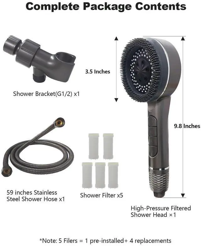 Alt view image 7 of 7 - High Pressure Shower Head, One-Hand Control 4-Mode Handheld Showerhead with Filter for Hard Water, Built-in Power Wash for Pet/Bath Clean, with Hose & Bracket (Gray)