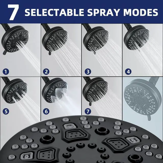 Alt view image 2 of 7 - High Pressure Shower Head, 7-Spray Mode Adjustable Showerhead with 4-Inch Round Head, High Flow Handheld Shower for Low Water Pressure, Easy Install & Clean Round Black