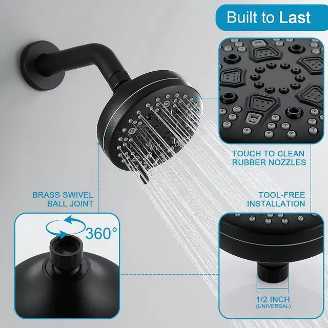 Alt view image 7 of 7 - High Pressure Shower Head, 7-Spray Mode Adjustable Showerhead with 4-Inch Round Head, High Flow Handheld Shower for Low Water Pressure, Easy Install & Clean Round Black