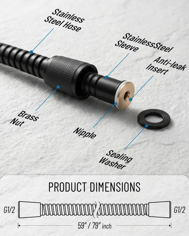 Alt view image 2 of 5 - Universal 59-Inch Shower Head Hose - Durable Stainless Steel, Leak-Proof Brass Connectors, Easy Install Replacement for Handheld Shower Heads ( SHH-001 Matte Black)