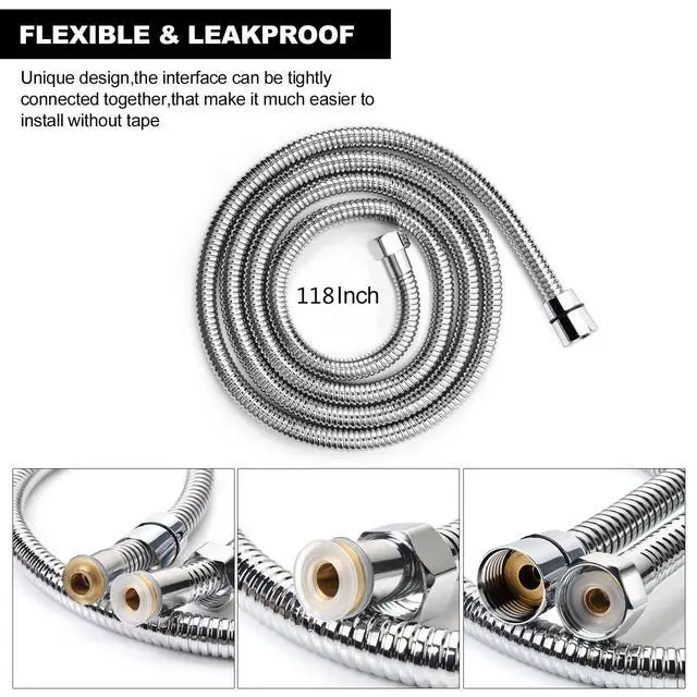 Alt view image 3 of 7 - Shower Hose Extra Long 118 Inches Brushed Chrome Handheld Shower Head Hose with Brass Insert and Nut - Lightweight and Flexible