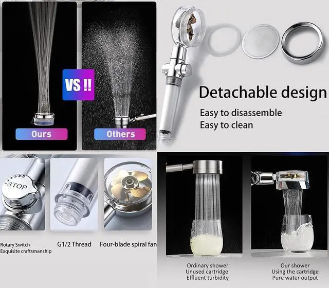 Alt view image 2 of 6 - High Pressure Water Saving Handheld Propeller Shower head with filters Vortex shower head pause switch hydro jet shower head Easy Install Turbo Shower Head 360 Degrees Rotating