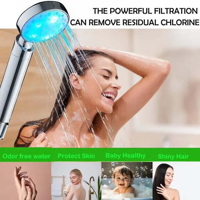Alt view image 3 of 5 - Filtered Led Shower Head for Hard Water 7 Color Light Change Automatically Handheld Showerhead Polished Chrome with 60 Inches Stainless Steel Hose and Adjustable Bracket Filter Shower Head