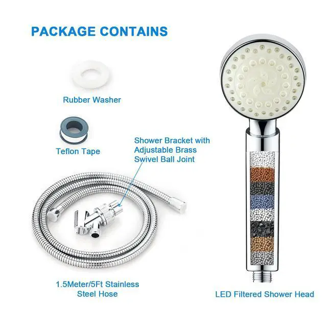 Alt view image 5 of 5 - Filtered Led Shower Head for Hard Water 7 Color Light Change Automatically Handheld Showerhead Polished Chrome with 60 Inches Stainless Steel Hose and Adjustable Bracket Filter Shower Head