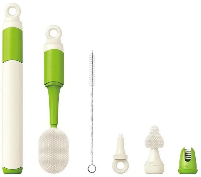 Main image of Baby Bottle Brush Set for Baby Bottles, 5 Cleaning Tools with Silicone Bottle and Nipple Brush Heads, Straw Brush, Detail Brush, Cup Rim Cleaner, Integrated Travel Storage, (Green)