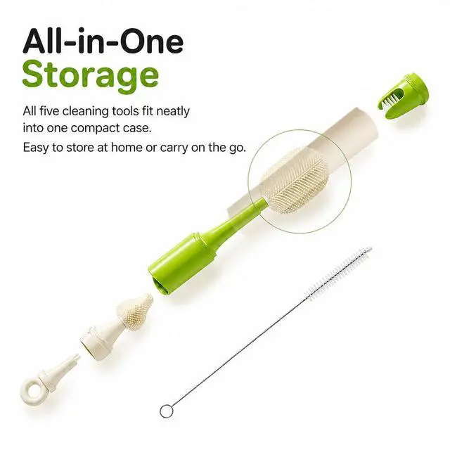 Alt view image 2 of 7 - Baby Bottle Brush Set for Baby Bottles, 5 Cleaning Tools with Silicone Bottle and Nipple Brush Heads, Straw Brush, Detail Brush, Cup Rim Cleaner, Integrated Travel Storage, (Green)