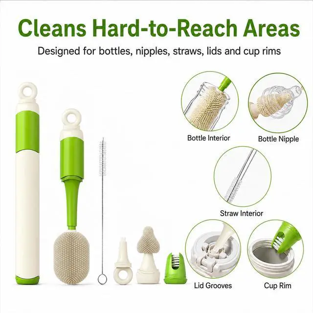 Alt view image 3 of 7 - Baby Bottle Brush Set for Baby Bottles, 5 Cleaning Tools with Silicone Bottle and Nipple Brush Heads, Straw Brush, Detail Brush, Cup Rim Cleaner, Integrated Travel Storage, (Green)