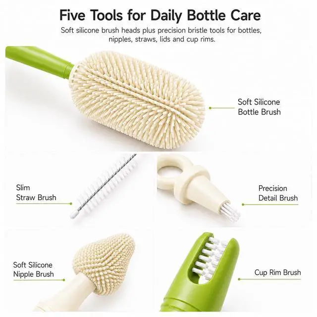 Alt view image 5 of 7 - Baby Bottle Brush Set for Baby Bottles, 5 Cleaning Tools with Silicone Bottle and Nipple Brush Heads, Straw Brush, Detail Brush, Cup Rim Cleaner, Integrated Travel Storage, (Green)