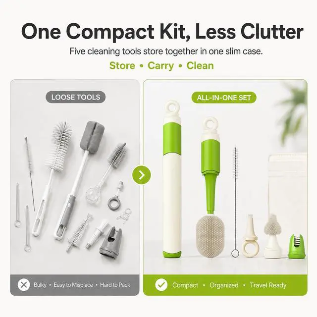 Alt view image 6 of 7 - Baby Bottle Brush Set for Baby Bottles, 5 Cleaning Tools with Silicone Bottle and Nipple Brush Heads, Straw Brush, Detail Brush, Cup Rim Cleaner, Integrated Travel Storage, (Green)