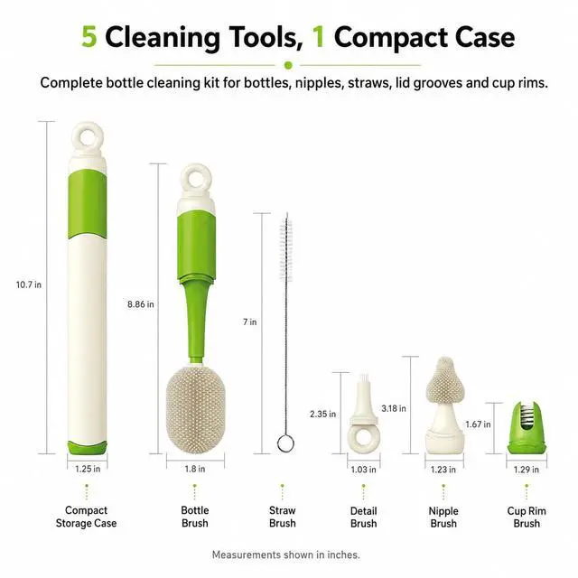 Alt view image 7 of 7 - Baby Bottle Brush Set for Baby Bottles, 5 Cleaning Tools with Silicone Bottle and Nipple Brush Heads, Straw Brush, Detail Brush, Cup Rim Cleaner, Integrated Travel Storage, (Green)