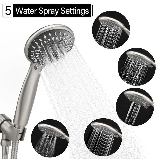 Alt view image 2 of 7 - Shower Head with Handheld, 5-Settings Showerhead High Pressure Powerful Water Spray Shower Head Set with 59 Inch Stainless Steel Hose and Bracket, Brushed Nickel