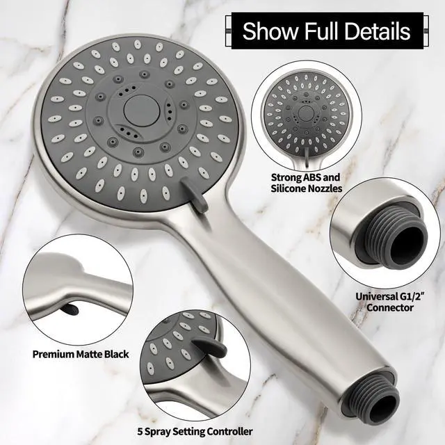 Alt view image 3 of 7 - Shower Head with Handheld, 5-Settings Showerhead High Pressure Powerful Water Spray Shower Head Set with 59 Inch Stainless Steel Hose and Bracket, Brushed Nickel