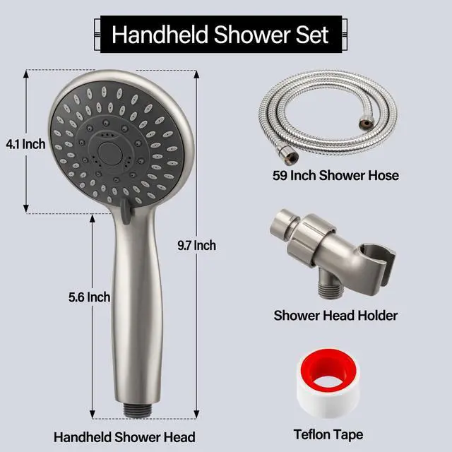 Alt view image 6 of 7 - Shower Head with Handheld, 5-Settings Showerhead High Pressure Powerful Water Spray Shower Head Set with 59 Inch Stainless Steel Hose and Bracket, Brushed Nickel