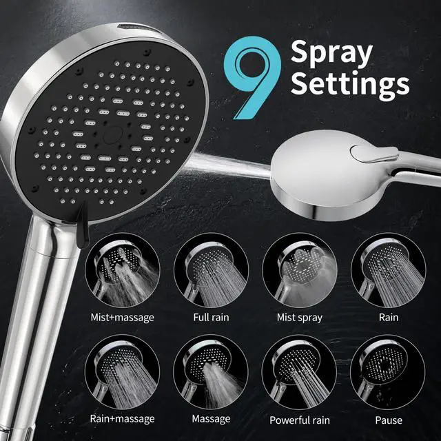 Alt view image 2 of 7 - NSF Certified Filtered Shower Head with Handheld for Hard Water to Remove Chlorine High Pressure 9-Spray Setting (with Power Wash) Anti-Clog Nozzles (1 Filter, Chrome Silver)
