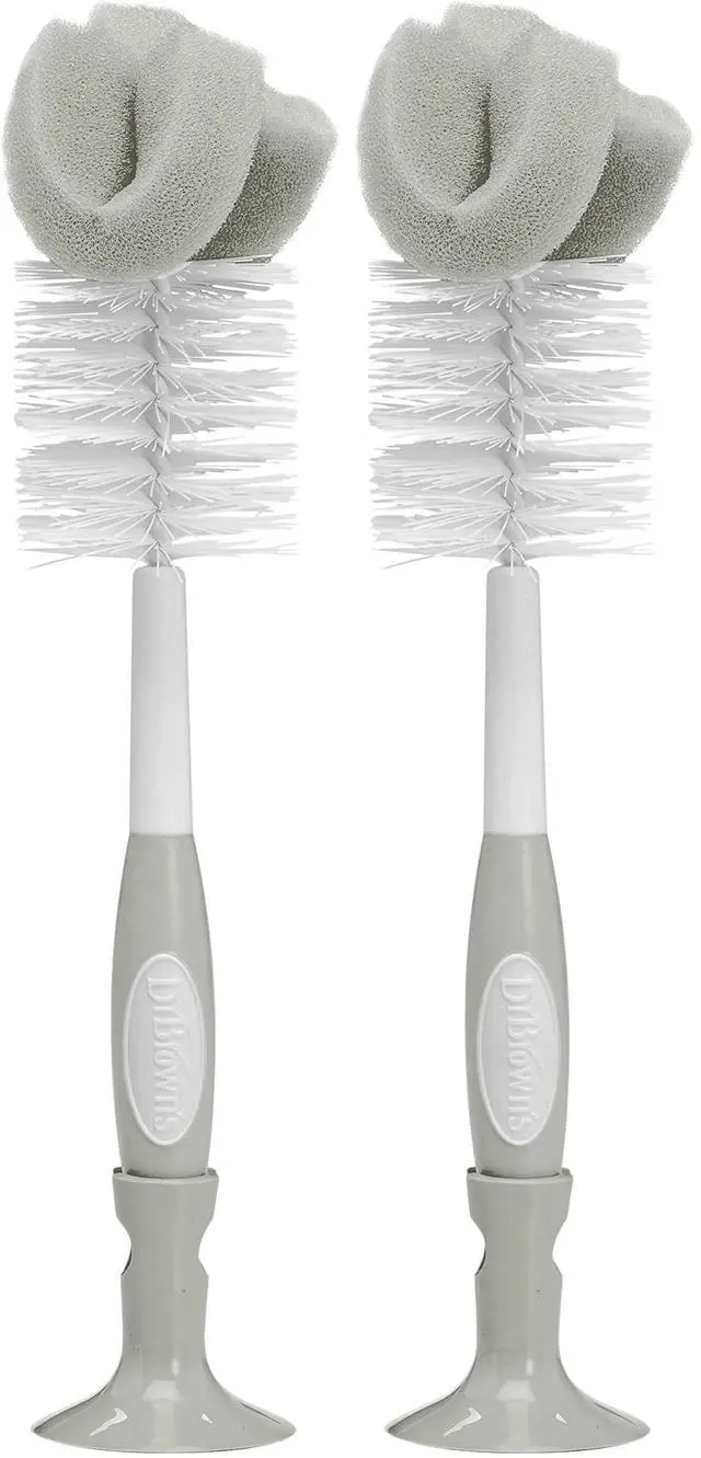 Main image of Reusable Sponge Baby Bottle Cleaning Brush with Suction Cup Stand, Scrubber and Nipple Cleaner, BPA-Free, Gray, 2-Pack