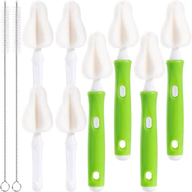 Main image of 10 Pcs Sponge Bottle Nipple Brushes,4 Sponge Nipple Brushes for Baby Bottles, 4 Replacement Heads and 2 Pcs 7.87" Straws for Cleaning,Green