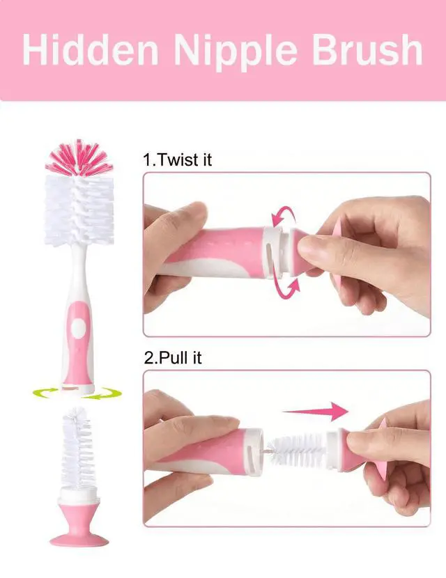 Alt view image 3 of 7 - 5 in 1 Baby Bottle Brush Set, Bottle Cleaner, 2Pcs Bottle Brush with Stand, 2 Hidden Nipple Brush, 2 Straw Brush, 1 Lid Brush, Nylon Bottles Brush Cleaner for Baby Bottle, BPA-Free(Pink)