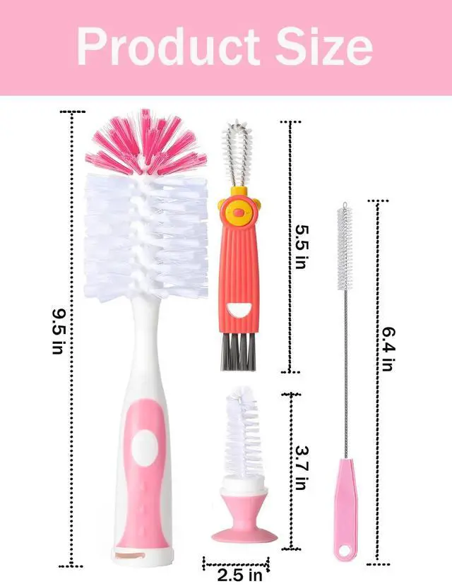 Alt view image 2 of 7 - 5 in 1 Baby Bottle Brush Set, Bottle Cleaner, 2Pcs Bottle Brush with Stand, 2 Hidden Nipple Brush, 2 Straw Brush, 1 Lid Brush, Nylon Bottles Brush Cleaner for Baby Bottle, BPA-Free(Pink)