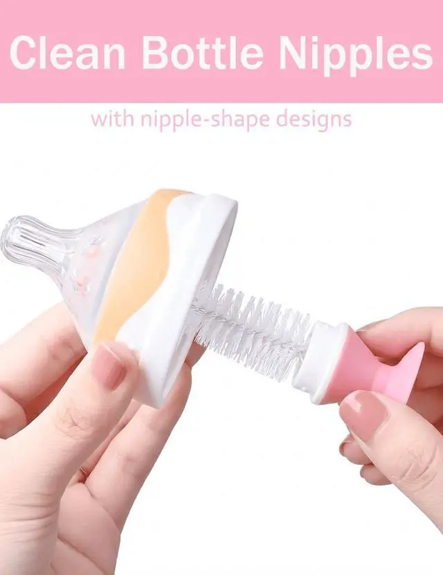Alt view image 4 of 7 - 5 in 1 Baby Bottle Brush Set, Bottle Cleaner, 2Pcs Bottle Brush with Stand, 2 Hidden Nipple Brush, 2 Straw Brush, 1 Lid Brush, Nylon Bottles Brush Cleaner for Baby Bottle, BPA-Free(Pink)