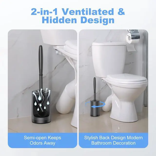 Alt view image 4 of 6 - Toilet Bowl Brush Holder Set: Curved Design with Holder for Deep Cleaning Under Rim - Compact Hidden Scrubber for Small Space - Modern RV Bathroom Accessories - Black