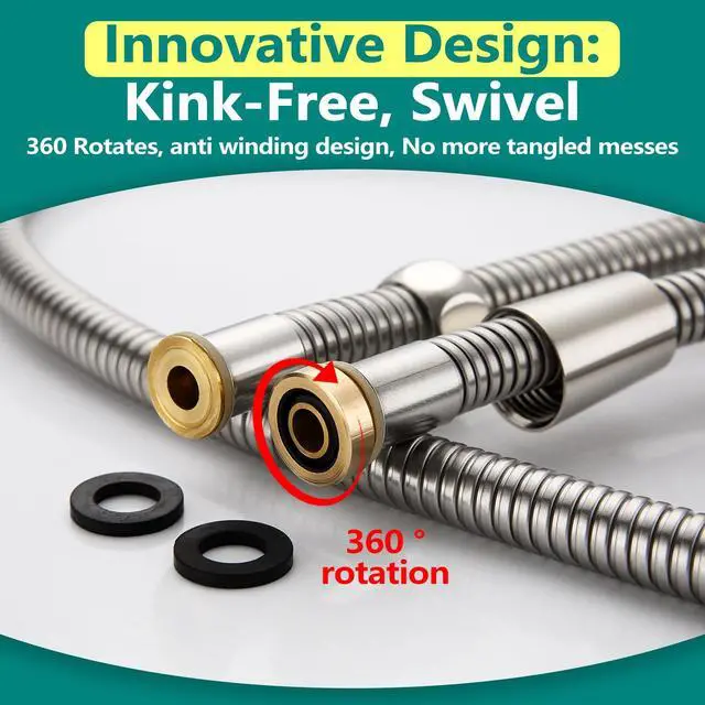 Alt view image 2 of 7 - Kink-free Shower Hoses 98" Extra-long for Handheld Shower Head Hose Replacement with 2 Shower Caps Flexible Metal Sleeves Brass Connectors Stainless Steel Brushed Nickel 98 Inch
