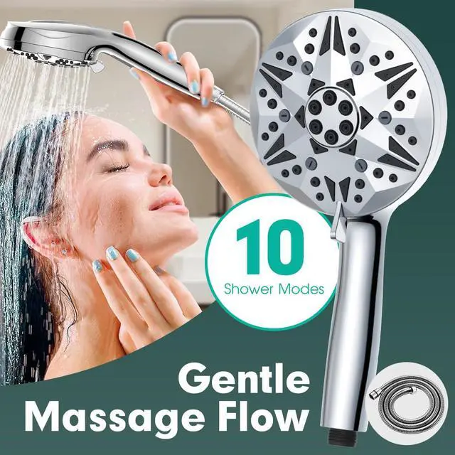 Alt view image 2 of 7 - High Pressure Handheld Shower Head 10 Spray Modes with Rain & Massage, Anti-Clog Nozzles, Power Rinse for Tile, Soap & Pets, Chrome Finish, Easy Installation