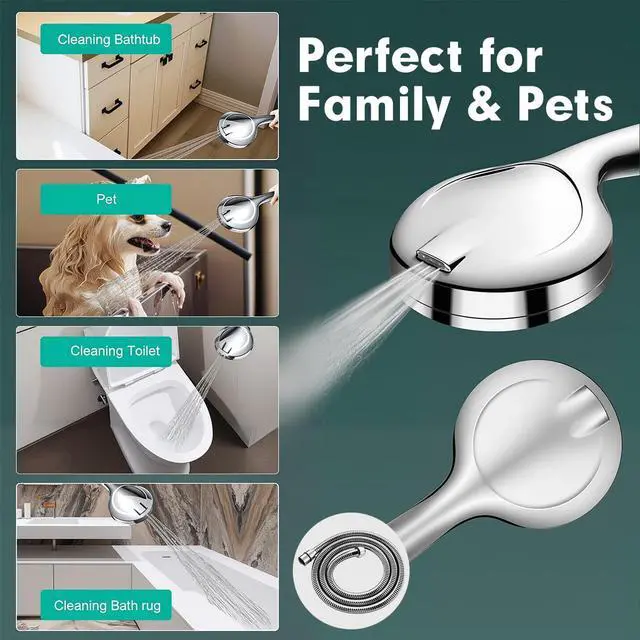 Alt view image 3 of 7 - High Pressure Handheld Shower Head 10 Spray Modes with Rain & Massage, Anti-Clog Nozzles, Power Rinse for Tile, Soap & Pets, Chrome Finish, Easy Installation