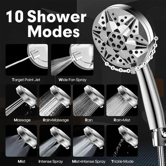 Alt view image 5 of 7 - High Pressure Handheld Shower Head 10 Spray Modes with Rain & Massage, Anti-Clog Nozzles, Power Rinse for Tile, Soap & Pets, Chrome Finish, Easy Installation