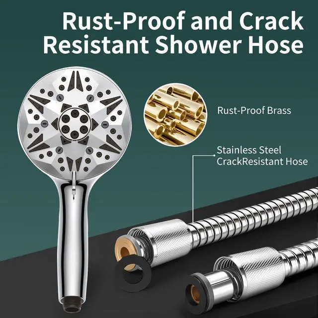 Alt view image 7 of 7 - High Pressure Handheld Shower Head 10 Spray Modes with Rain & Massage, Anti-Clog Nozzles, Power Rinse for Tile, Soap & Pets, Chrome Finish, Easy Installation