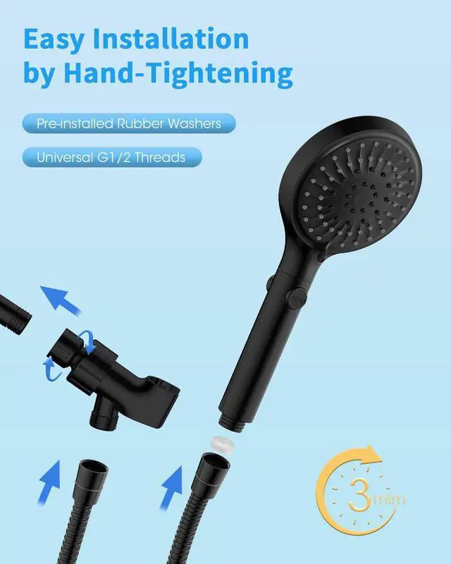 Alt view image 6 of 7 - Shower Head with Handheld, High Pressure Showerhead with Hose Black