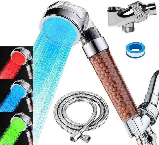 Main image of Temperature Controlled 3-color Changing Shower Head Kit, Water Saving Showerheads with Filtration Beads, LED High Pressure Handheld Shower Head Set with Hose and Bracket