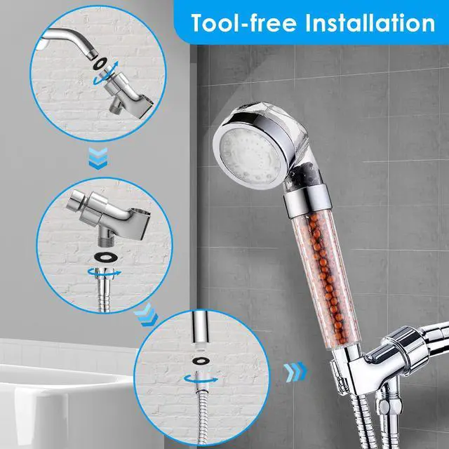 Alt view image 6 of 7 - Temperature Controlled 3-color Changing Shower Head Kit, Water Saving Showerheads with Filtration Beads, LED High Pressure Handheld Shower Head Set with Hose and Bracket