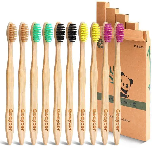 Main image of Bamboo Toothbrushes 10 Pack, Medium Soft Bristles BPA Free Biodegradable Bulk Wooden Toothbrush