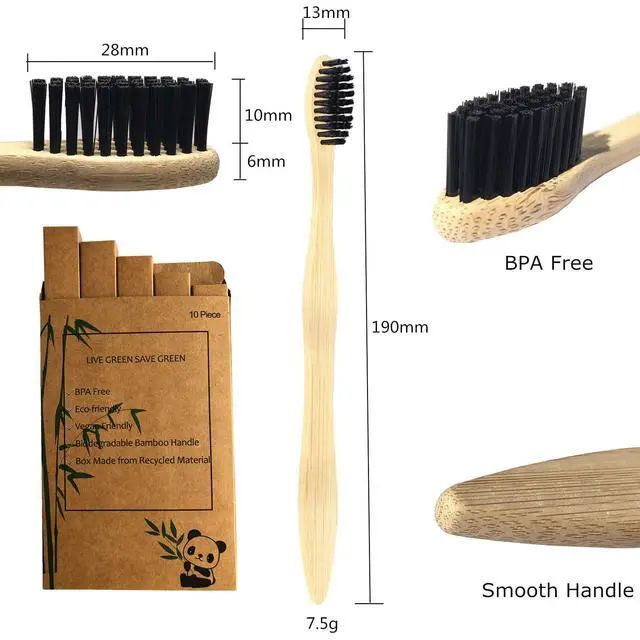 Alt view image 3 of 6 - Bamboo Toothbrushes 10 Pack, Medium Soft Bristles BPA Free Biodegradable Bulk Wooden Toothbrush