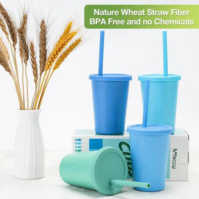 Alt view image 2 of 7 - 4 Pack Wheat Straw Cups with Lid and Straws, 10 oz Unbreakable Kids Cup, Reusable Drinking Cups, Small Water Cup, Colourful Tumbler Cups for Kitchen, BPA Free, Dishwasher & Microwave Safe