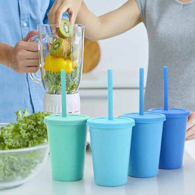 Alt view image 6 of 7 - 4 Pack Wheat Straw Cups with Lid and Straws, 10 oz Unbreakable Kids Cup, Reusable Drinking Cups, Small Water Cup, Colourful Tumbler Cups for Kitchen, BPA Free, Dishwasher & Microwave Safe