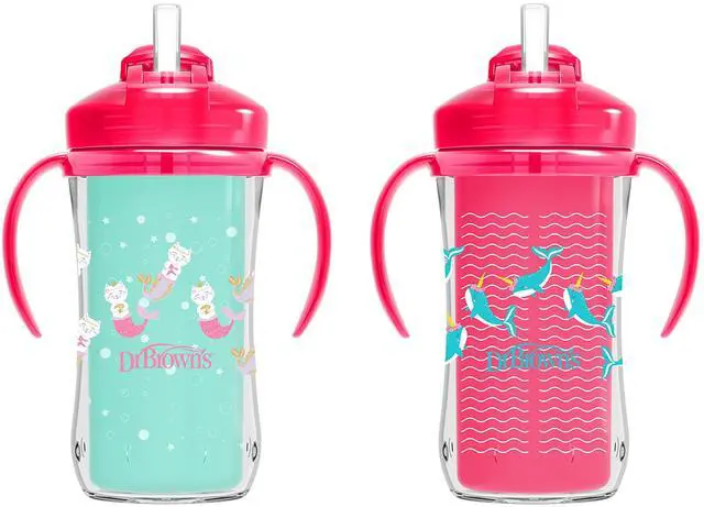 Main image of Milestones Insulated Sippy Cup with Straw and Handles, Spill-Proof Tumbler with Lid, 2-Pack, Pink, 10 oz/300 mL, BPA Free, 12m+